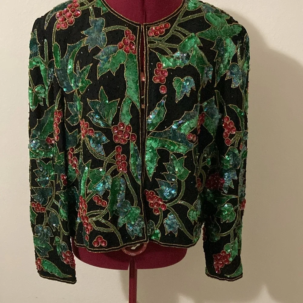 NITELINE Vintage Christmas Floral Sparkly Beaded Sequined Silk Jacket size XL - Picture 2 of 13